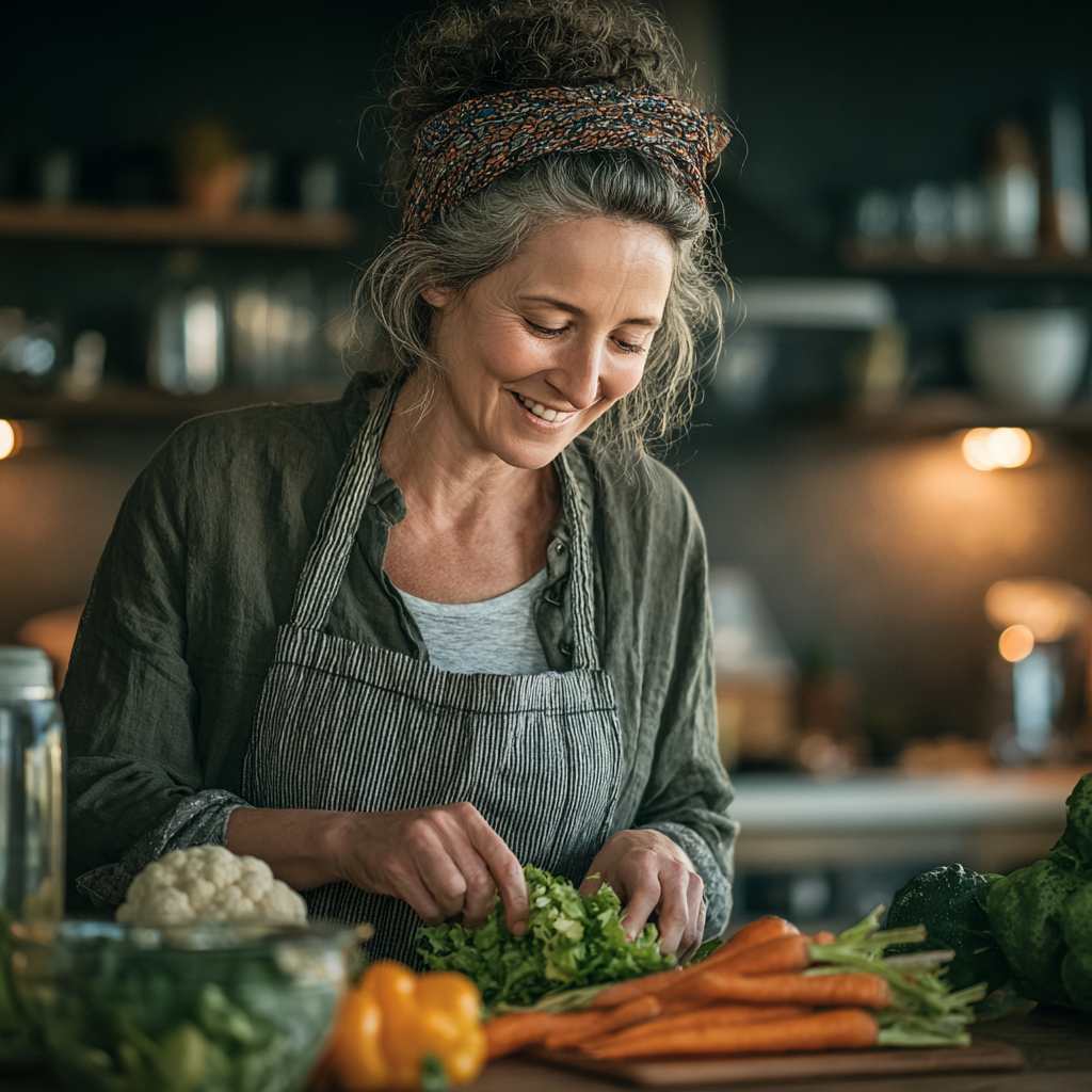Healthy middle-aged woman in her 40s preparing fresh salad in modern kitchen, smiling while arranging colorful vegetables