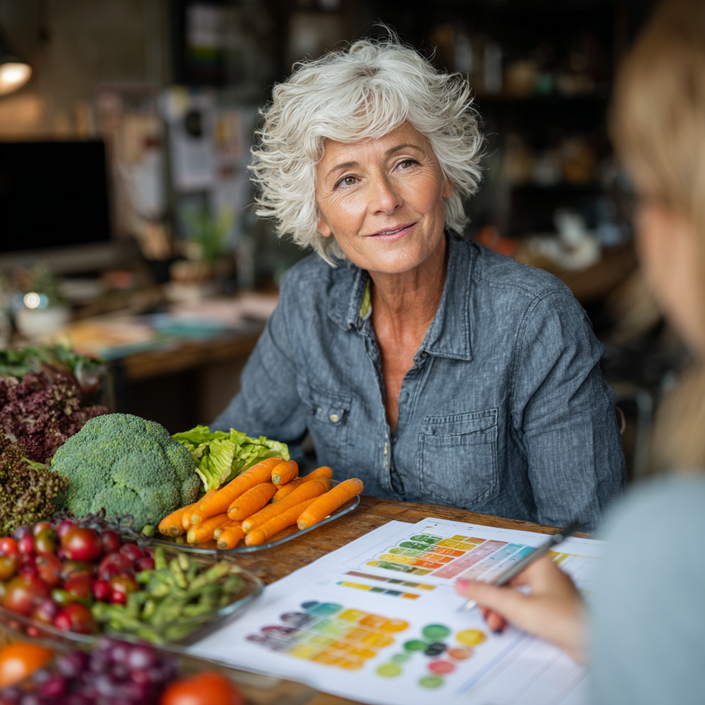 Professional nutritionist in her 50s consulting with client, showing meal plan charts and healthy food options in bright office setting